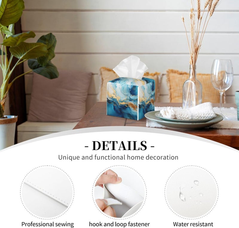 sndheke Blue Gold Marble Tissue Box Cover Square,Abstract Liquid Marble Texture Tissue Box Holder Waterproof Leather Facial Paper Organizer Dispenser for Bathroom Home Car Nightstand Vanity Desk - Image 3
